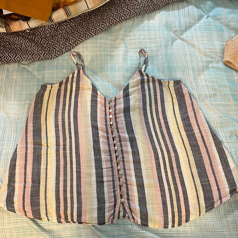 Luxe, Striped, silver button up tank. Grey blue, light pink, pale yellow & white